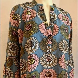 Ann Taylor LOFT Softened Shirt Bell Sleeve Floral Print Popover Top Blue Pink, L